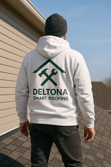 Deltona Smart Roofing worker standing on a shingle roof, wearing a white hoodie with green Deltona Smart Roofing logo featuring a roof, hammer, and wrench.
